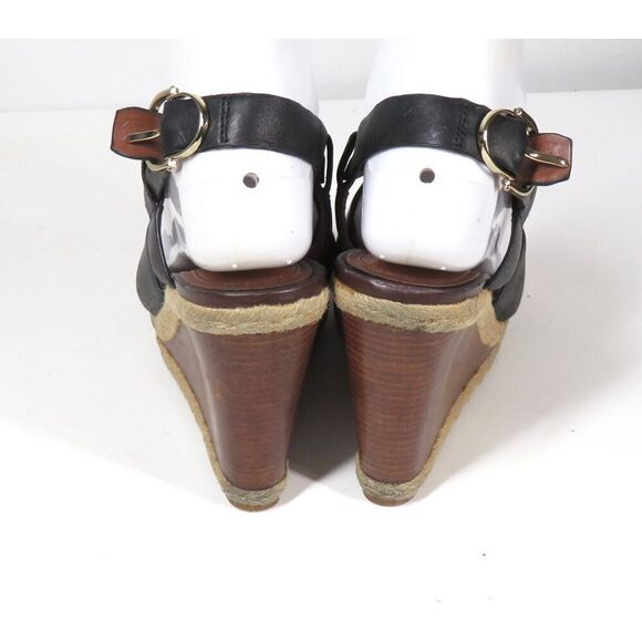 Cole Haan Strappy Black Leather Brown Wedge Slingback Sandals Women 6.5 - Picture 6 of 9